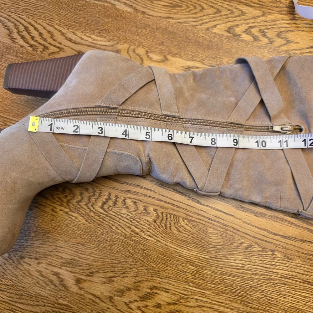Taupe Sz 10 Faux Suede Over The Knee Thigh HIgh Strappy Stacked Heel‎ Boots